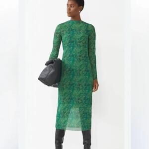 Green Long-Sleeve Printed Midi Dress - Designer